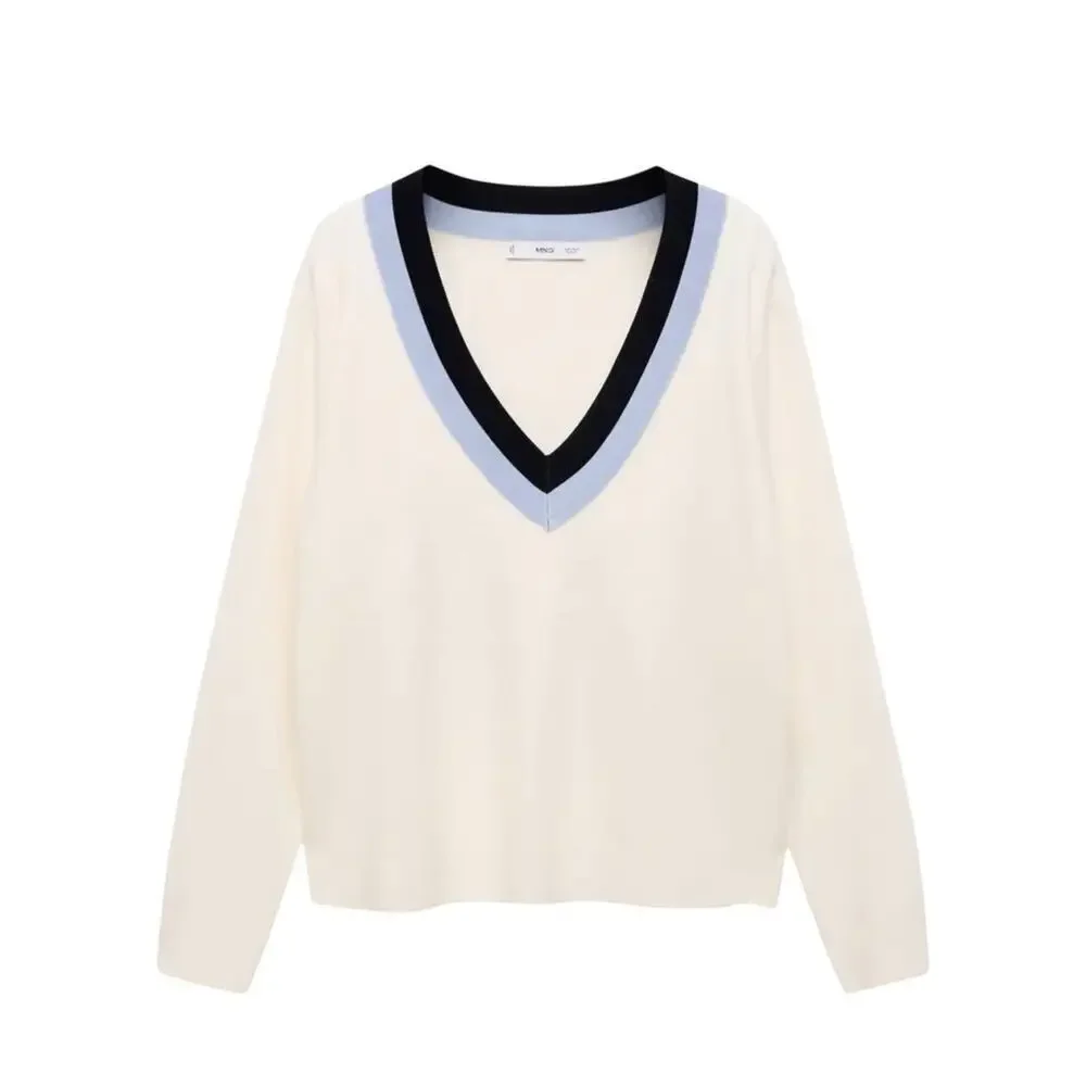Mango NEW V Neck Varsity Sweater Medium Pullover Cream and Blue